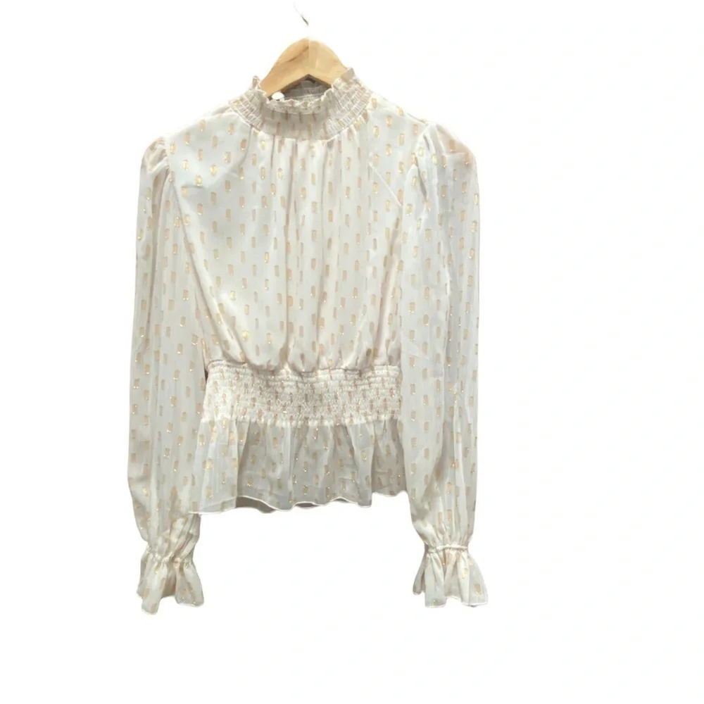 - O.P.T High Neck Ivory And Gold Long Sleeve Top